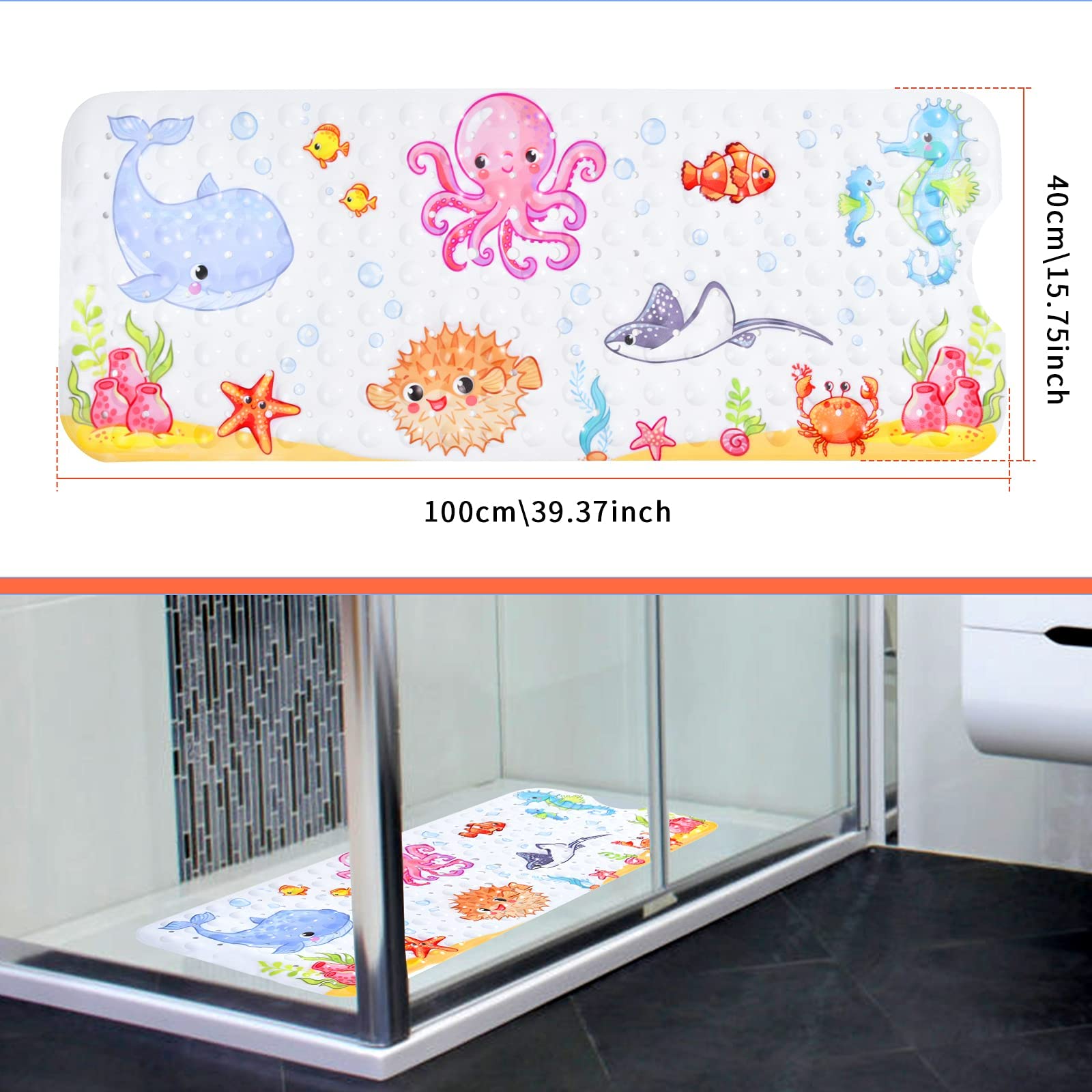 Secopad Kids Bath Mat for Tub Non Slip  40 X 16 Inch Large Cartoon Octopus Anti Slip Toddler Baby Bath Mat  Right Drain